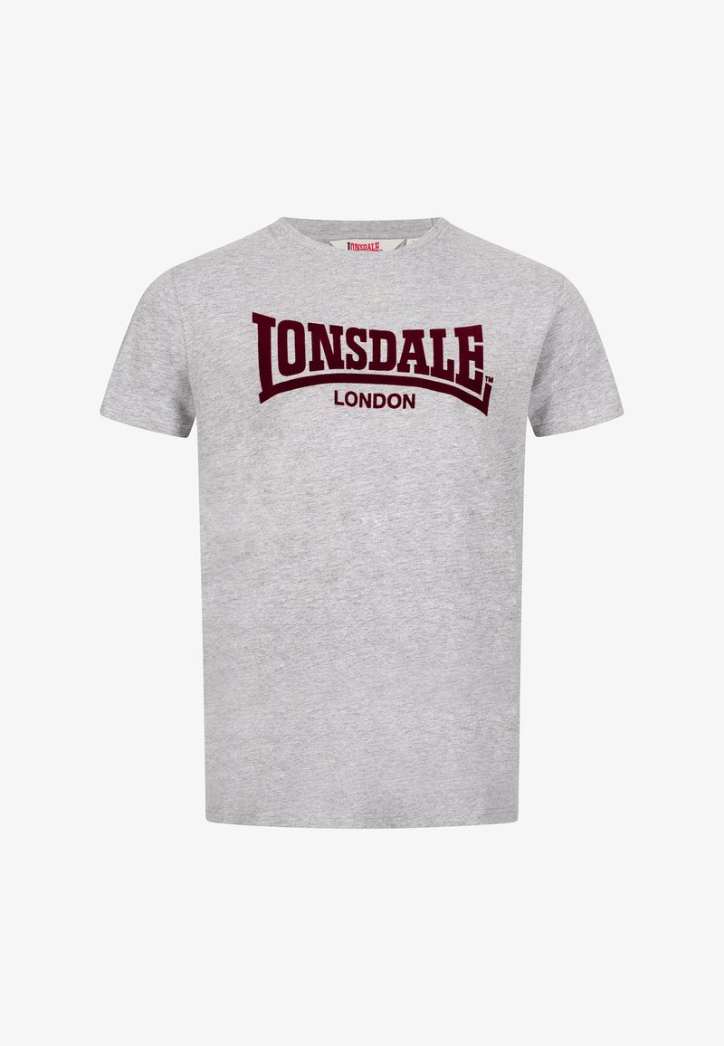 Pilkas medvilnės marškinėliai su trumpomis rankovėmis, su raudonai ruda "LONSDALE LONDON" logotipu per krūtinę, parašytu ryškiu šriftu.