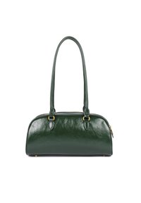 Sac à main en cuir vert avec une finition brillante, de forme arrondie, deux longues poignées, des détails en métal doré et une fermeture zippée.