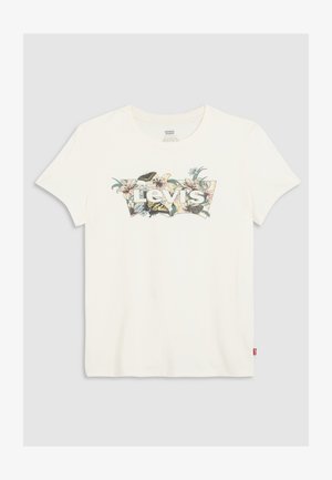 Biała bawełniana koszulka z krótkim rękawem i okrągłym dekoltem, ozdobiona kwiatowym wzorem wokół logo "Levi's" w pastelowych kolorach.