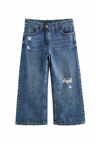 Niebieskie dżinsy typu wide-leg z wysokim stanem, z postarzanym wyko�ńczeniem i strzępieniem z przodu, idealne do casualowych stylizacji.