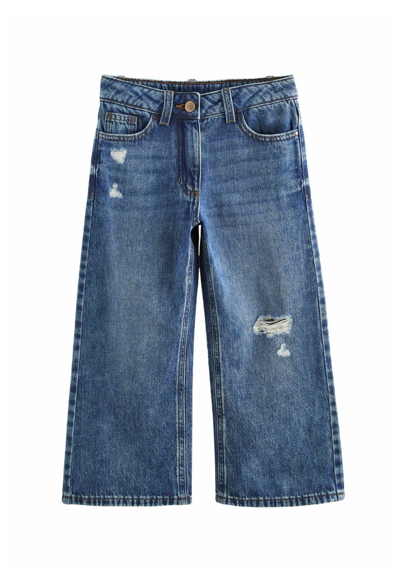 Niebieskie dżinsy typu wide-leg z wysokim stanem, z postarzanym wykończeniem i strzępieniem z przodu, idealne do casualowych stylizacji.