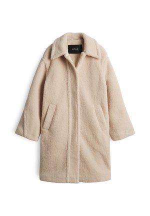 Lichtbeige pluche jas met een geknipt revers, lange mouwen, twee voork rake zakken en een rechte snit, gemaakt van een zachte, gestructureerde stof.