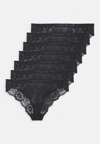 Set aus sieben schwarzen Spitzenpanties mit floralen Mustern, gewellten Kanten und einem weichen, elastischen Bund für Komfort und Passform.