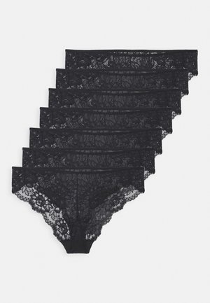 Set of seven black lace panties featuring floral patterns, scalloped edges, and a soft elastic waistband for comfort and fit.