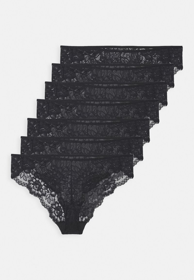 Set aus sieben schwarzen Spitzenpanties mit floralen Mustern, gewellten Kanten und einem weichen, elastischen Bund für Komfort und Passform.