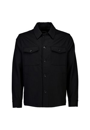 Veste noire à col, fabriquée en tissu lisse, avec deux poches poitrine et des poches latérales, dotée d'un col et d'une fermeture à boutons.