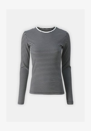 Bluză cu mânecă lungă, în dungi orizontale alb-negru, cu guler rotund și textură ribbed. Fabricată dintr-un material elastic.