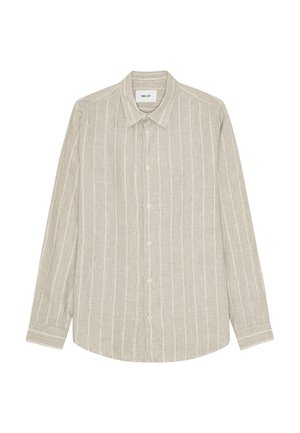 Beiges Langarmhemd mit weißen vertikalen Streifen, geknöpftem Vorderteil, spitzem Kragen und Manschetten, flach auf einem weißen Hintergrund ausgelegt.