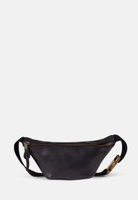 Black leather fanny pack with a textured surface, gold zipper, and adjustable strap. Compact, curved design suitable for casual use.