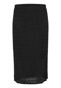 Svart spets penkjol med en scalloped mönster, med en dold sidohål och ett elastiskt midjeband för en bekväm passform.