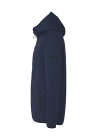 Sweat à capuche zippé bleu marine avec une poche kangourou, capuche ajustable et logo noir sur la manche. Tissu lisse et doux avec un design ajusté.
