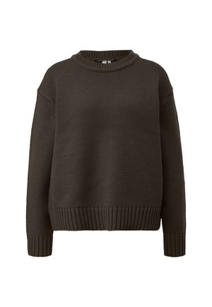 Ciemnobrązowy sweter dziany z okrągłym dekoltem, z prążkowanymi mankietami i dołem. Teksturowany materiał z opuszczonymi ramionami, zapewniający luźny krój.