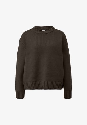 Ciemnobrązowy sweter dziany z okrągłym dekoltem, z prążkowanymi mankietami i dołem. Teksturowany materiał z opuszczonymi ramionami, zapewniający luźny krój.