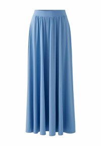 Lichtblauwe maxi rok van zacht materiaal; heeft een elastische tailleband en een vloeiende stijl met een gladde, hangende textuur.