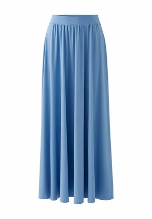 Lichtblauwe maxi rok van zacht materiaal; heeft een elastische tailleband en een vloeiende stijl met een gladde, hangende textuur.