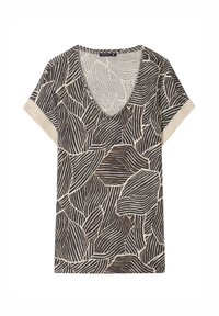 Korte mouwen V-hals top in zwart met een crèmekleurig bladerenpatroon. Heeft een zachte textuur en metallic accenten op de mouwranden.