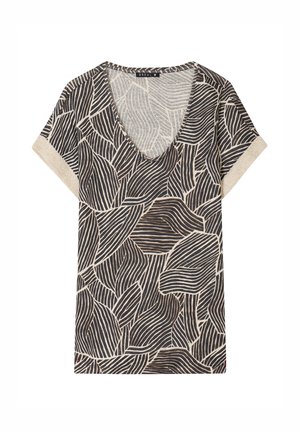 Maglietta nera a maniche corte con scollo a V e motivo a foglia color crema. Presenta una texture morbida e accenti metallici sui bordi delle maniche.