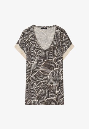 Maglietta nera a maniche corte con scollo a V e motivo a foglia color crema. Presenta una texture morbida e accenti metallici sui bordi delle maniche.