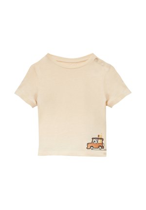 Korte mouwen, crèmekleurig T-shirt van zacht katoen, met een geprint ontwerp van een oranje auto, een hond en etenswaren. Drukknopen op de schouder.