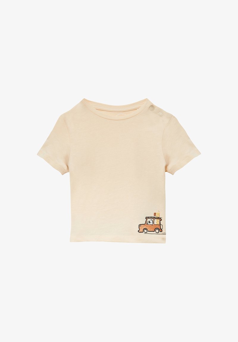 Kurze Ärmel, cremefarbenes T-Shirt aus weichem Baumwollstoff, mit einem bedruckten orangenen Auto-Design, das einen Hund und Lebensmittel zeigt. Druckknöpfe an der Schulter.