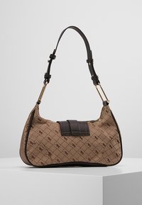 Brown patterned shoulder bag with dark brown adjustable strap and gold metal hardware resting on white surface.