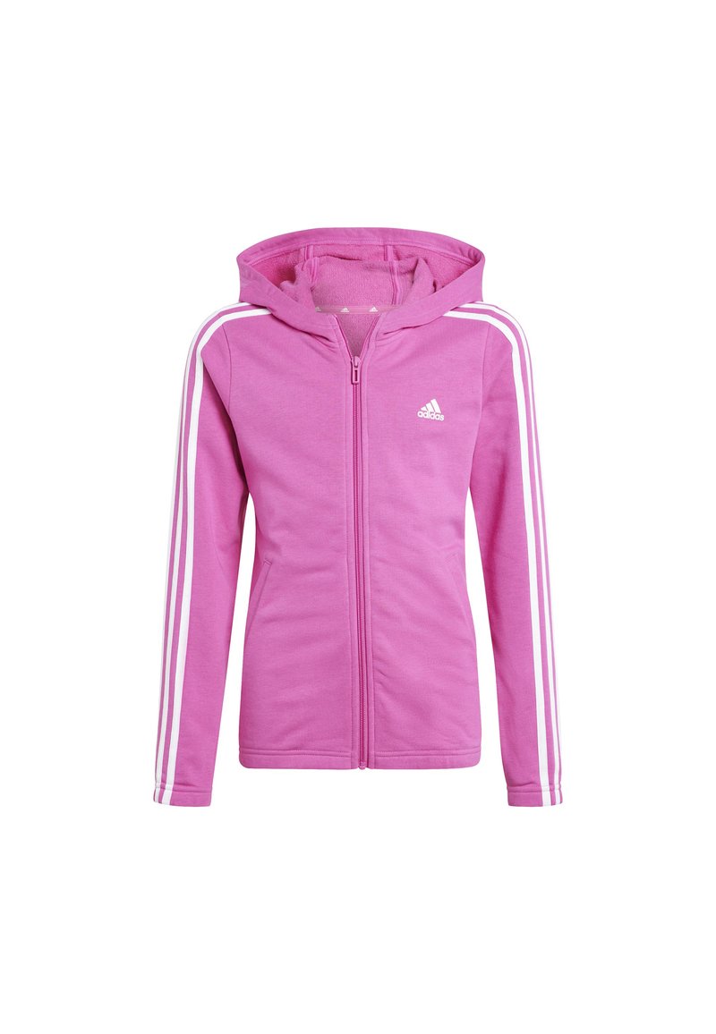 Sudadera rosa con cremallera hecha de un tejido suave, con acentos de tres rayas blancas en las mangas y una capucha ajustable, con un logo de Adidas en el pecho.