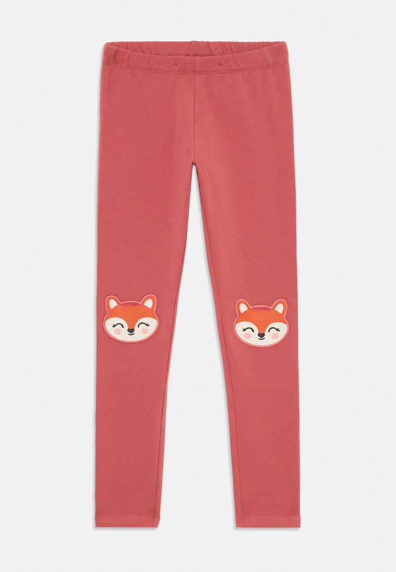 Leggings rose dusty pour enfants avec taille élastique et patches de visages de renard souriant sur les genoux, fabriqués en tissu extensible doux.