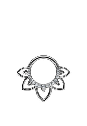 Silver circular septum ring with five petal-shaped extensions, adorned with a row of clear crystals on the front curve.
