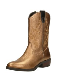 Bronzen leren cowboylaarzen met decoratieve bladvormige stiksels, puntige neus, zwarte hielaccenten en een licht gestructureerd bovenvak.