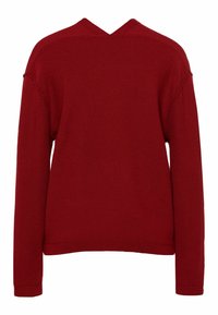 Maglione rosso lavorato a maglia con scollo a V e maniche lunghe. Presenta un motivo testurizzato e orlo a costine. Nessun marchio o decorazioni visibili.