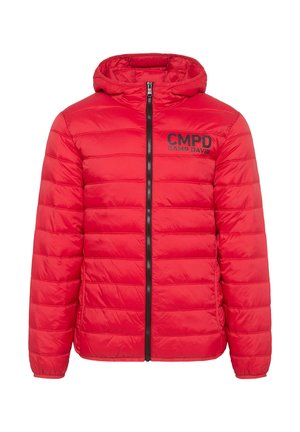 Red puffer jacket with a hood, featuring a quilted design, zip closure, and black logo on the chest. Smooth texture and synthetic material.