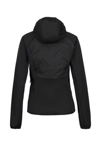 Giacca leggera nera con cappuccio, maniche lunghe e dettagli di ventilazione cuciti sulla parte superiore della schiena, vista dal retro.