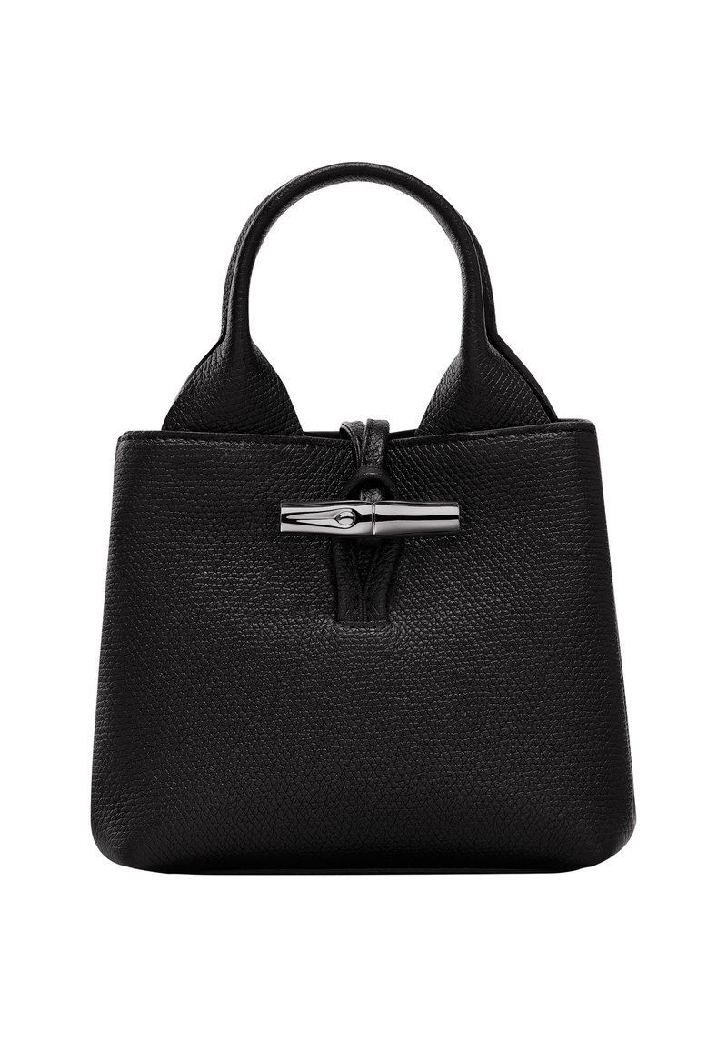 Schwarze Ledertasche mit strukturiertem Oberflächen, kurzen Griffen und einem silberfarbenen Verschluss oben.