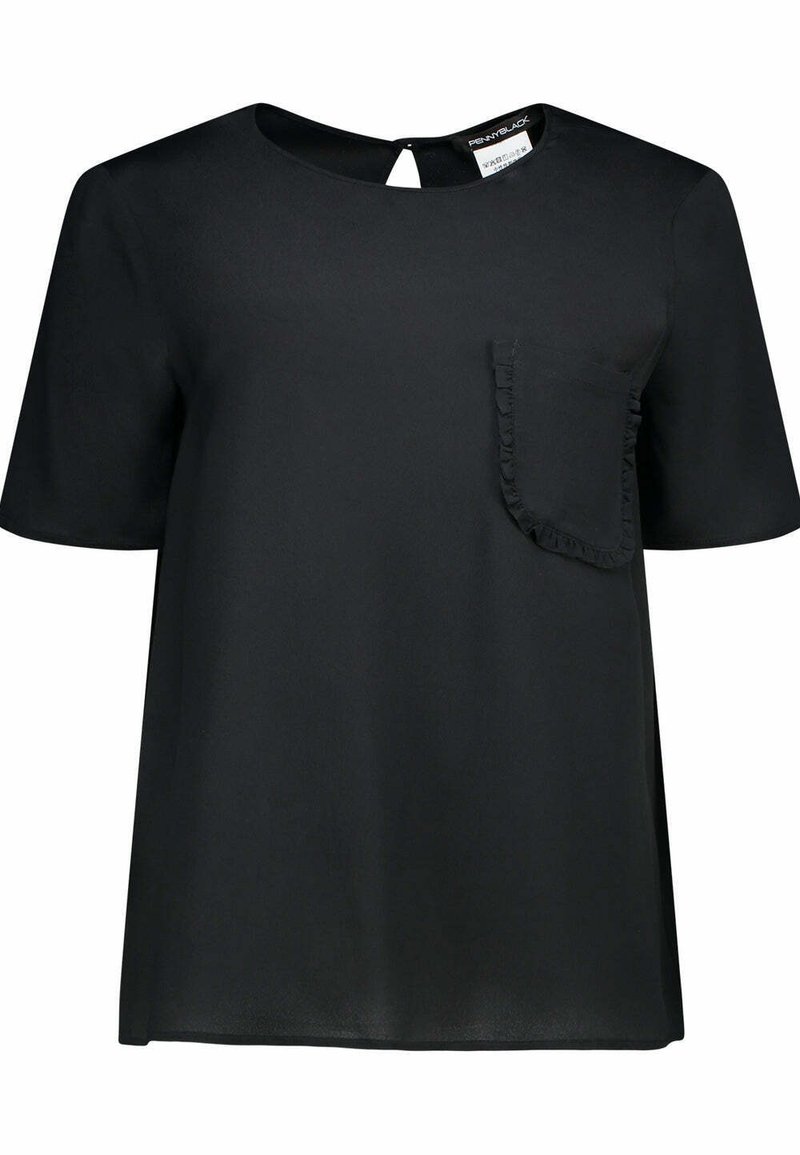 Top nero a maniche corte con scollatura rotonda e un dettaglio a chiave sul retro. Presenta una tasca arricciata sul lato sinistro. Tessuto dalla consistenza liscia.