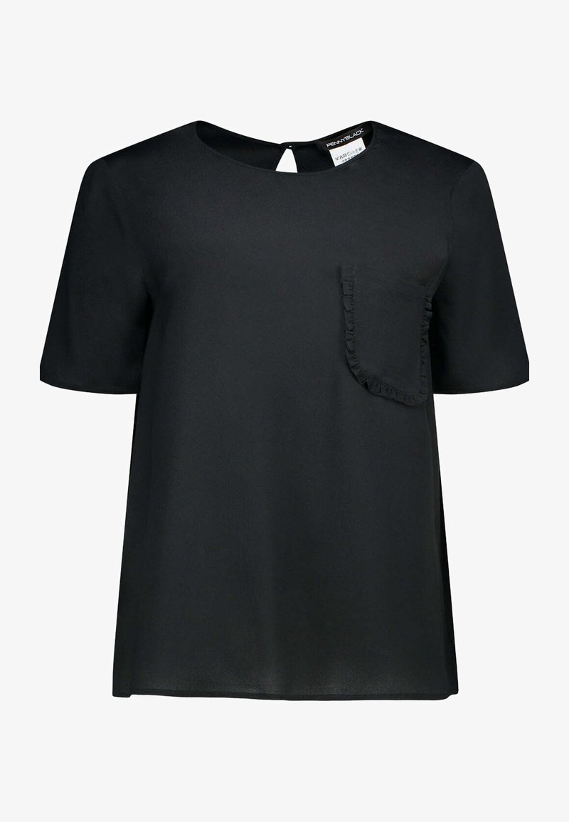 Top nero a maniche corte con scollatura rotonda e un dettaglio a chiave sul retro. Presenta una tasca arricciata sul lato sinistro. Tessuto dalla consistenza liscia.