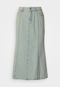 Lyseblå denim midi-skjørt med frontknapper, glidelås, beltehemper og vertikale sømdetaljer.