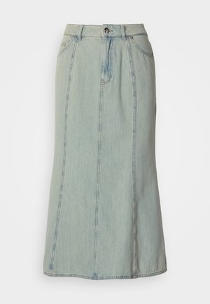 Svijetloplava traper midi suknja s prednjim gumbom, zatvaranjem na patentni zatvarač, petljama za remen i vertikalnim šavovima.