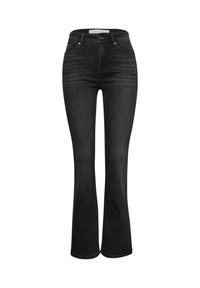Jeans neri a zampa d'elefante, realizzati in denim, presentano una vita alta, tasche frontali e una leggera sfumatura per dare texture. Orlo di lunghezza standard.