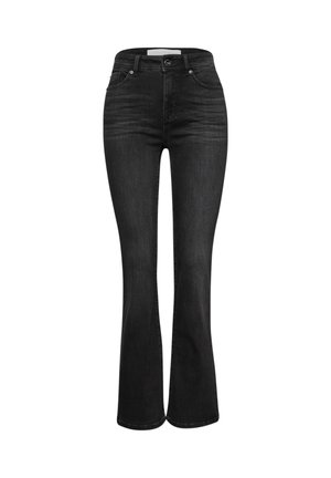 Jeans negros acampanados, hechos de mezclilla, presentan una cintura alta, bolsillos frontales y un lavado sutil para dar textura. Dobladillo de longitud estándar.