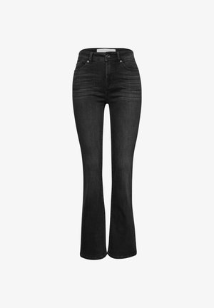 Zwarte flared jeans, gemaakt van denim, hebben een hoge tailleband, voorkantzakken en een subtiele wassing voor textuur. Standaard lengte zoom.