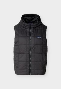 Μαύρο αμάνικο γιλέκο καπιτονέ με φερμουάρ μπροστά και κουκούλα, με μικρό λογότυπο Patagonia στο στήθος.