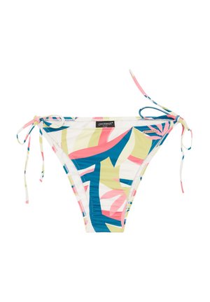 Bikini nederdel med et flerfarvet tropisk bladmønster, med bånd på siderne, blødt stof og en livlig farvepalette af blå, pink og grøn.
