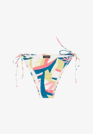 Bikini o dnie z wielokolorowym wzorem tropikalnych liści, z wiązaniami po bokach, wykonany z miękkiego materiału, w jaskrawej palecie kolorów niebieskiego, różowego i zielonego.