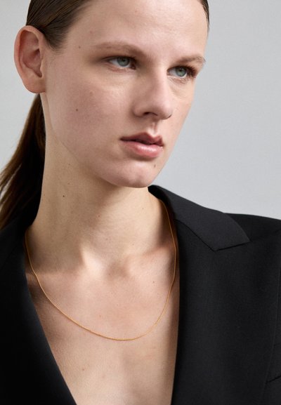 Gouden ketting neklace gedragen over een zwarte blazer, met een verfijnd ontwerp en een gladde, glanzende textuur en een subtiele lengte.