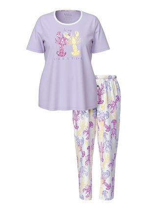 Kurzes Lavendel-Pyjama-Set mit zwei bunten Hummern und dem Text "Sei mein Hummer" auf dem Oberteil, Hummer-Print auf weißen Hosen.