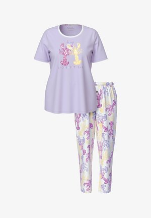 Conjunto corto de pijama color lavanda con dos langostas coloridas y texto "sé mi langosta" en la camiseta, estampado de langosta en los pantalones blancos.
