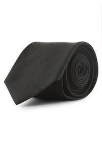 Gerolde zwarte zijde stropdas met een subtiele ton-sur-ton stippenpatroon op een witte achtergrond.