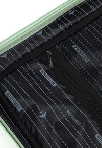 Green hard-shell suitcase interior features black fabric with airplane patterns and white dashed lines. Includes zippered mesh pocket and branding.