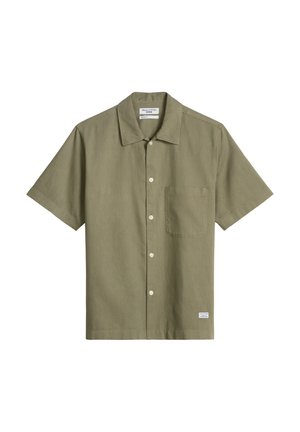 Short-sleeve olive green button-up shirt with a chest pocket, collar, and a small label near the hem.