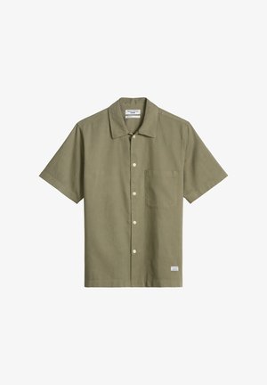 Short-sleeve olive green button-up shirt with a chest pocket, collar, and a small label near the hem.